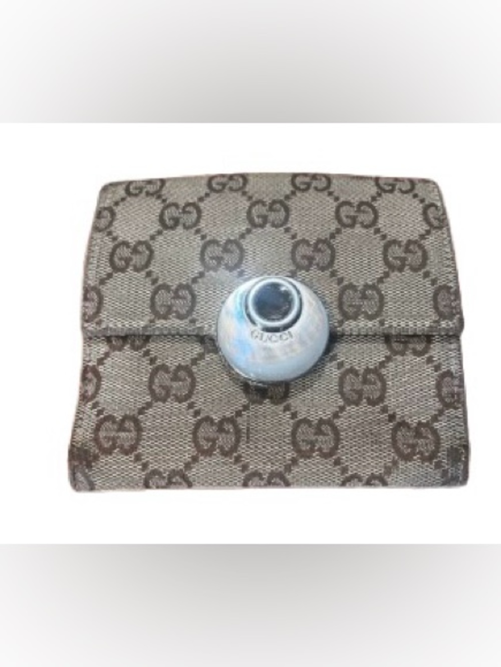 Gucci Brown GG Canvas Compact Wallet with Round Silver-Tone Snap
